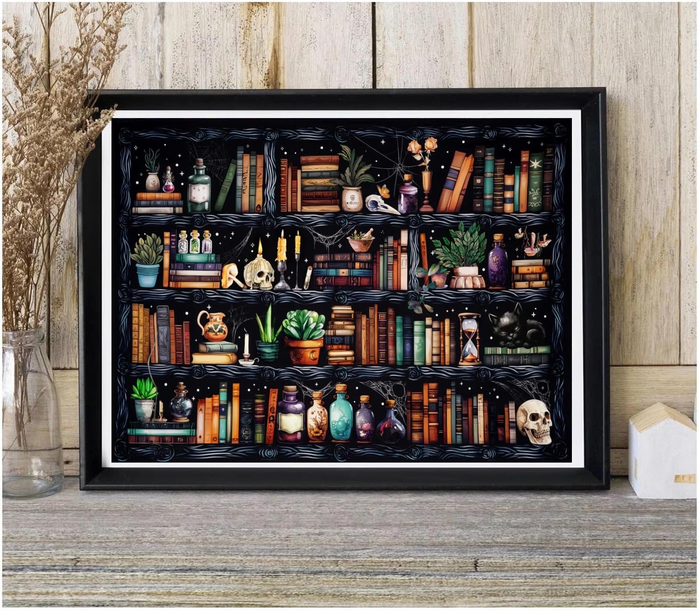 Goth skull bookshelf diamond painting kit with potion bottles, plants, candles, and a black cat.