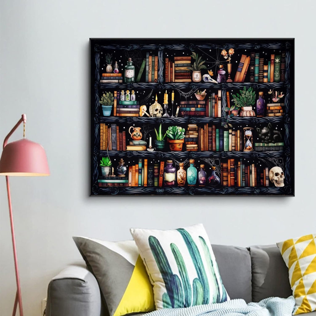 Goth skull bookshelf diamond painting kit displayed on a wall above a sofa.