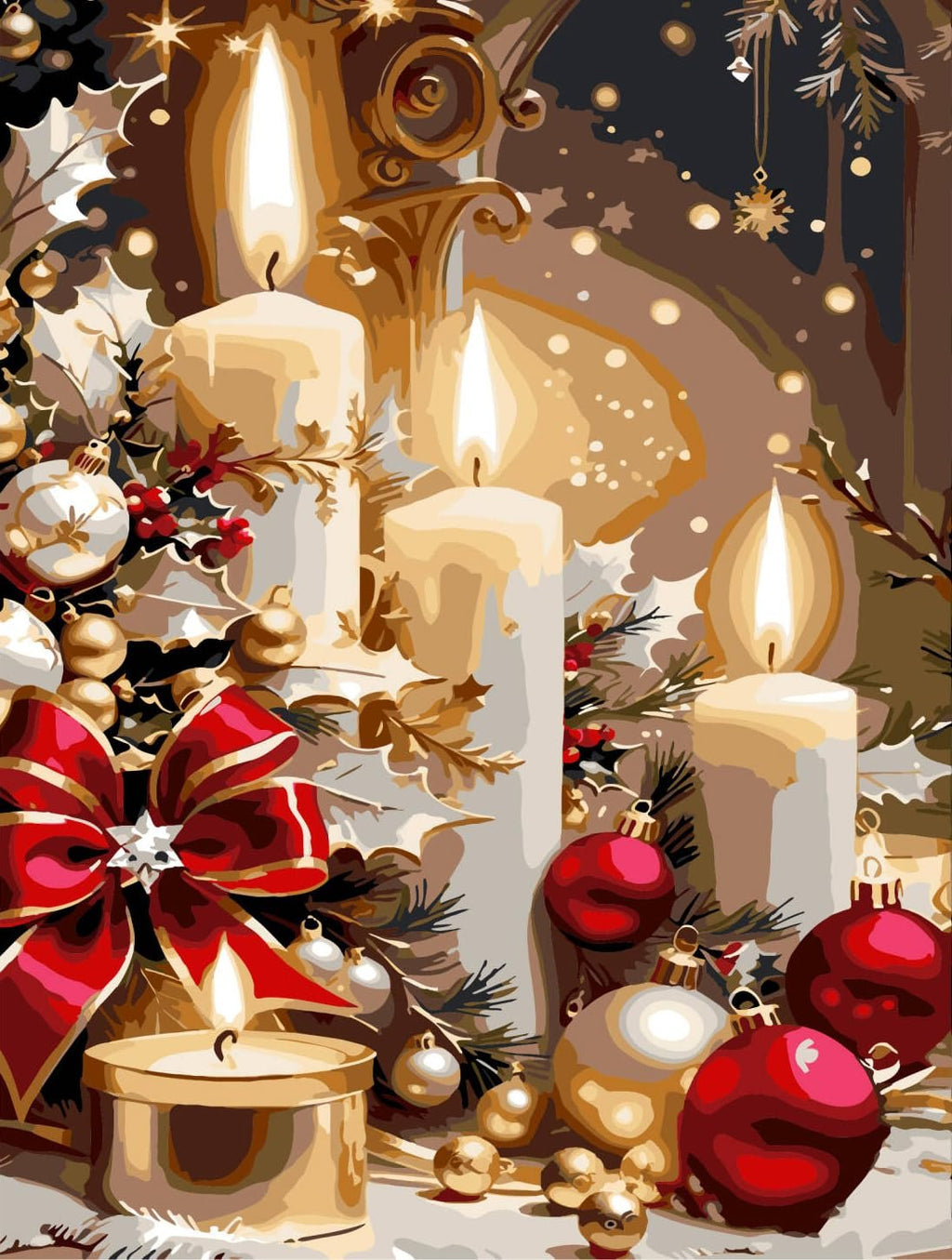 Christmas candles with red bow and ornaments, paint-by-numbers art