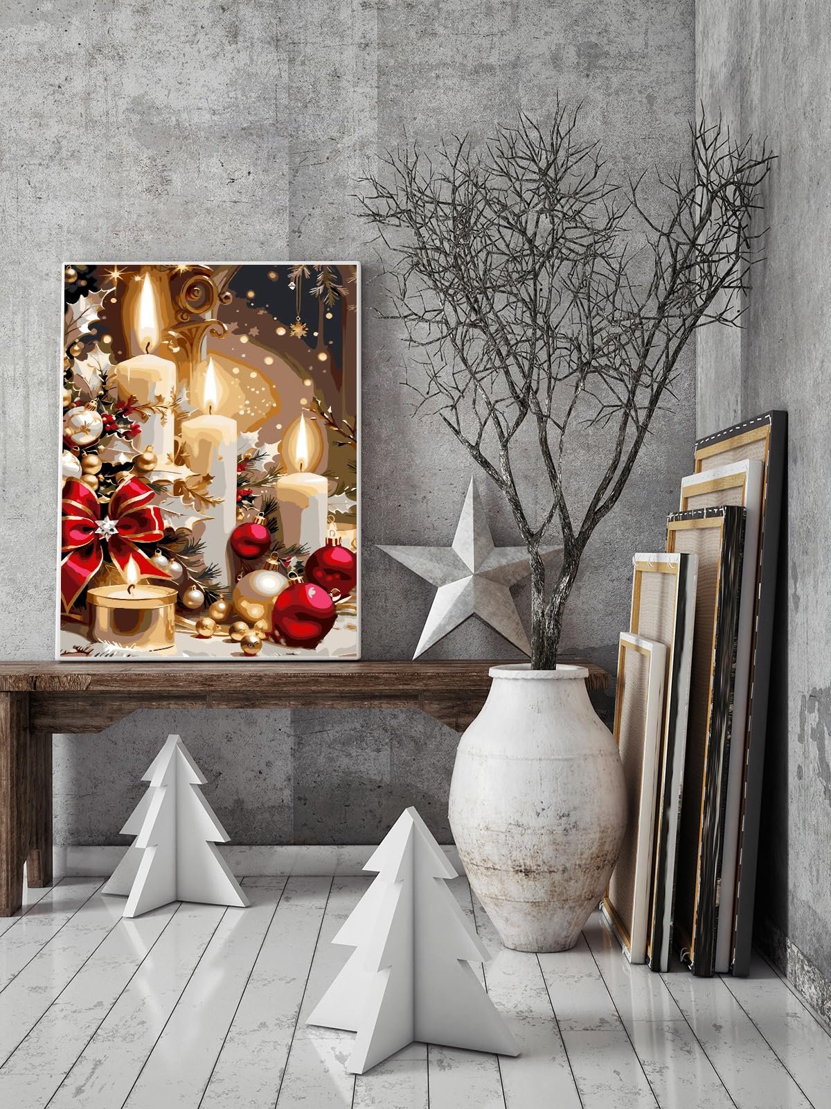 Paint-by-numbers kit featuring lit Christmas candles, ornaments, and a red bow on a wooden bench.