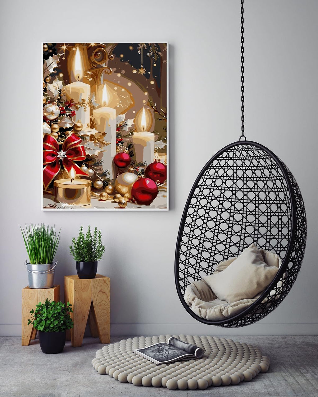 Paint-by-numbers kit featuring lit Christmas candles, red and gold ornaments, and a red bow.
