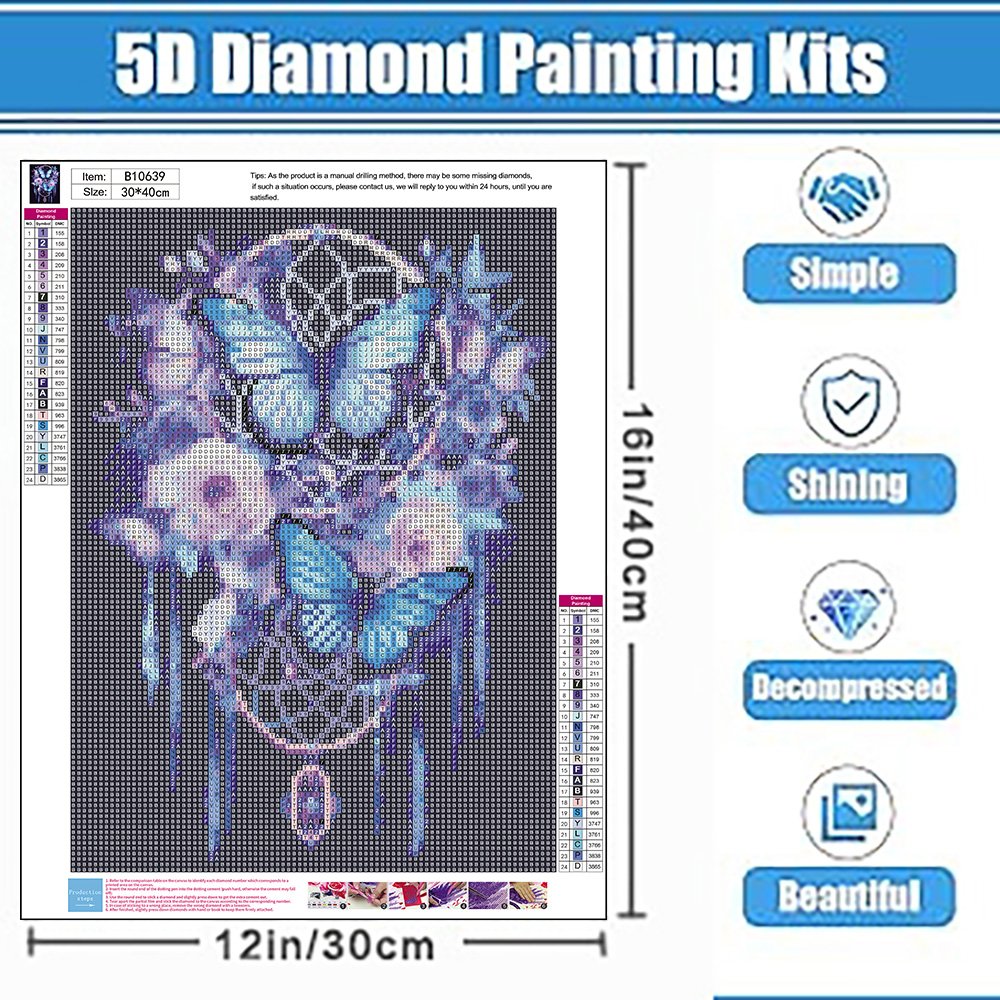 5D diamond painting kit featuring a dreamcatcher with butterflies and flowers, with size indicators and feature callouts.