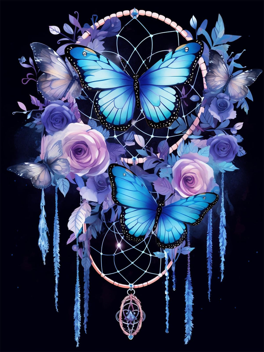 Dream catcher with blue butterflies and purple roses, featuring dangling strands and a central pendant.