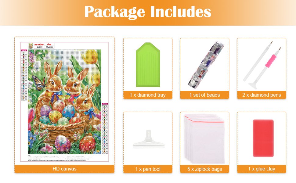 Easter bunny diamond painting kit contents including HD canvas, diamond tray, beads, pens, ziplock bags, and glue clay.