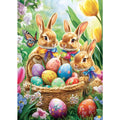 Easter bunny diamond painting kit with three bunnies in a basket of decorated eggs and flowers