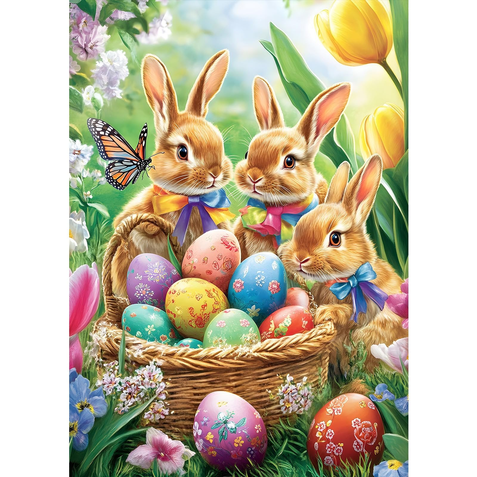 Easter bunny diamond painting kit with three bunnies in a basket of decorated eggs and flowers