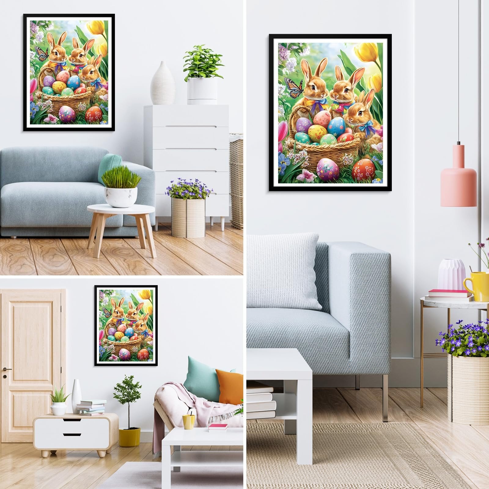 Easter diamond painting kit featuring three bunnies in a basket of colorful eggs and flowers, displayed in a living room setting.