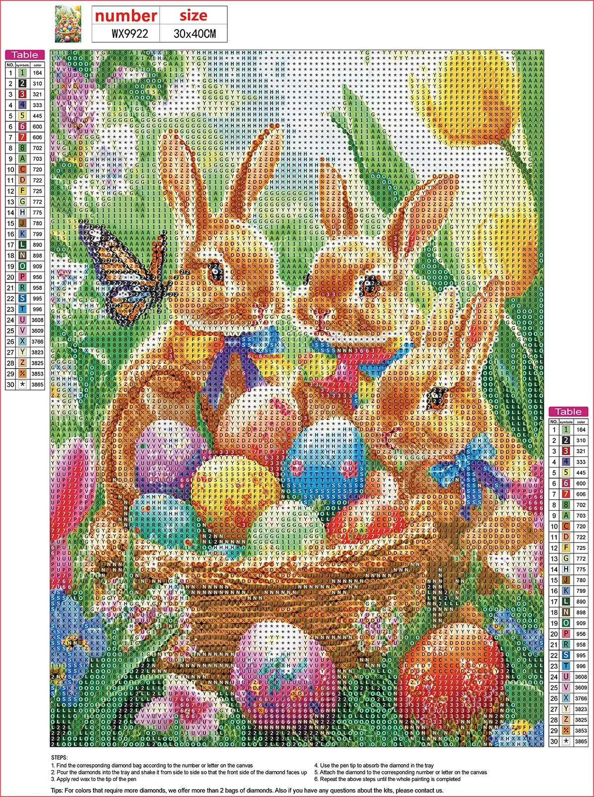 Diamond painting kit featuring three bunnies holding Easter eggs, with a butterfly and tulips. Includes color chart and instructions.