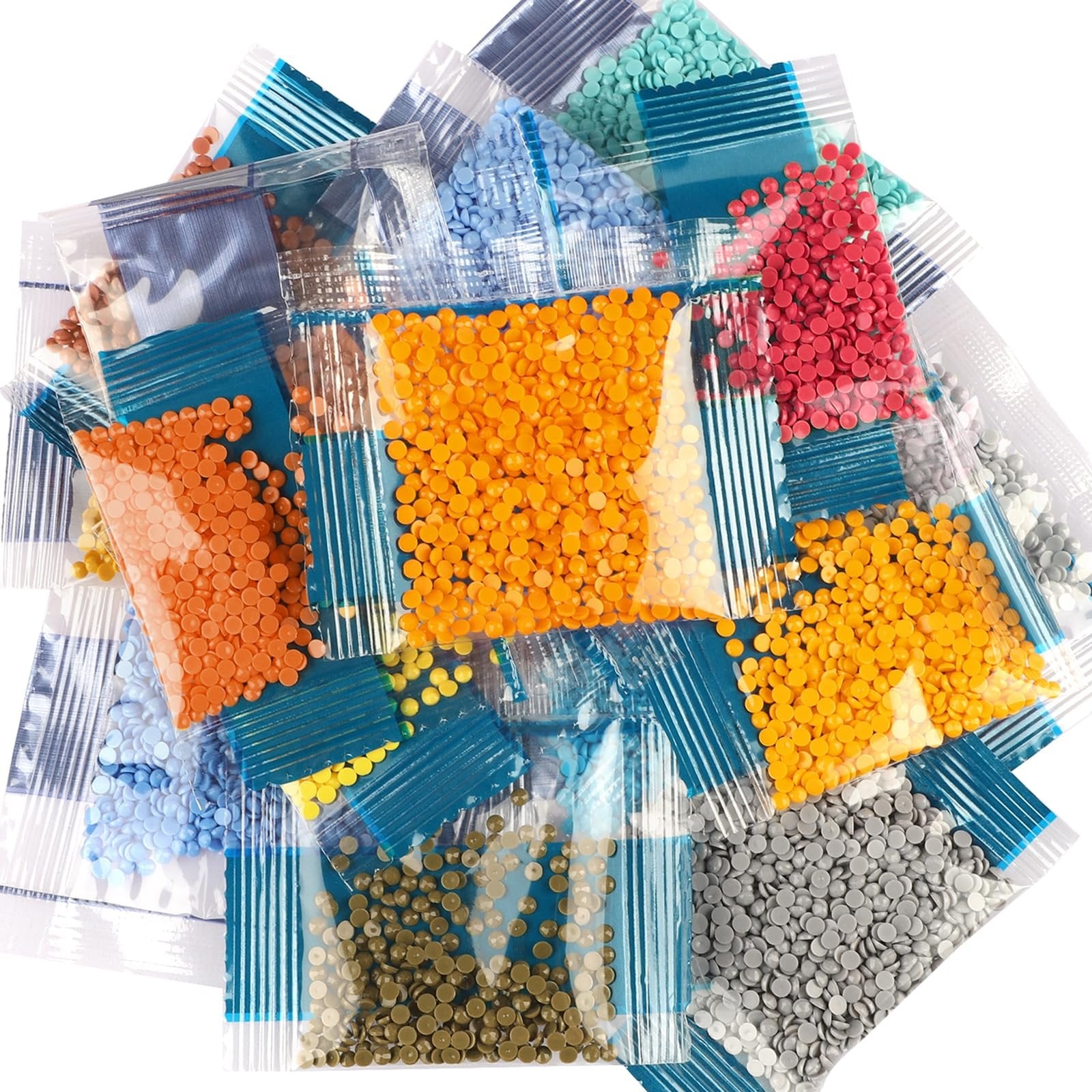 Pile of small plastic bags filled with colorful round diamond painting beads on a white background.