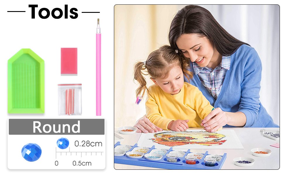Diamond art kit tools and a mother and child working on a painting together.