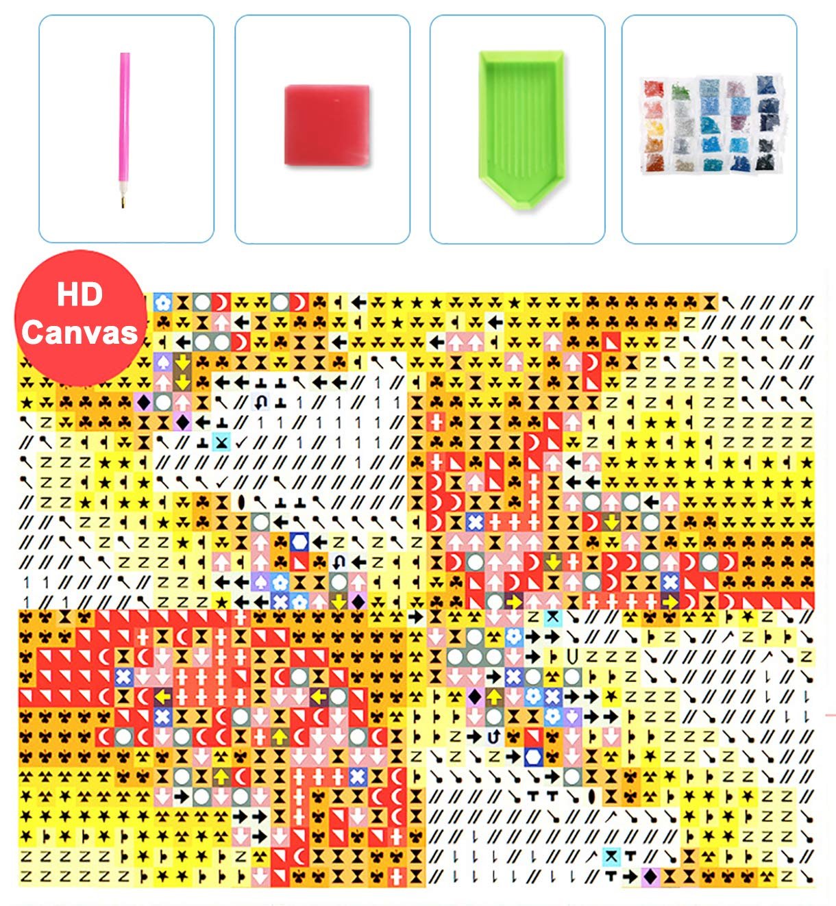 Diamond painting kit contents including a pink drill pen, red wax, green tray, and small bags of colorful drills on a patterned canvas.