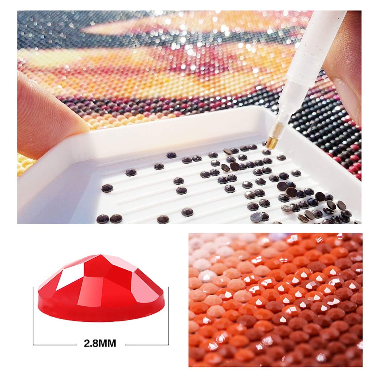 Diamond art kit showing a hand using a tool to pick up rhinestones from a tray to place on a canvas.