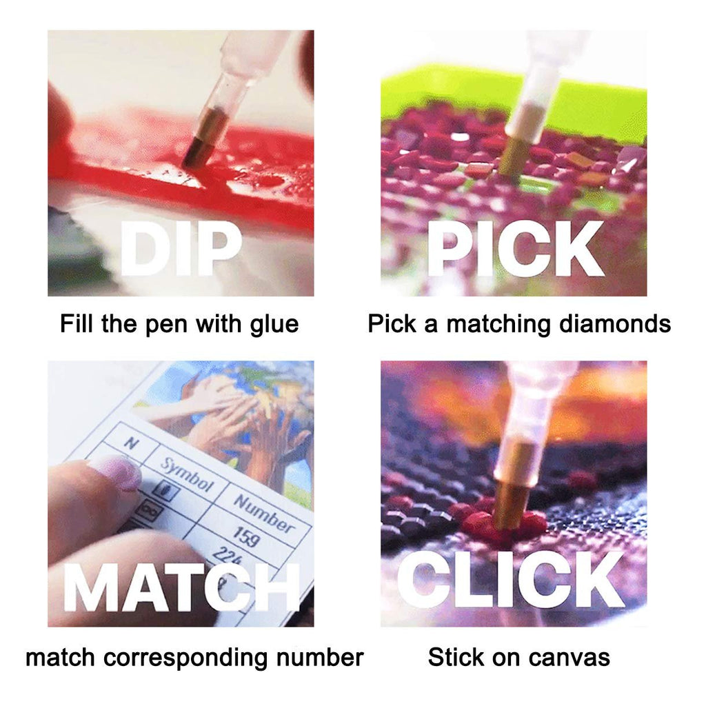 Diamond painting kit instructions showing four steps: dip, pick, match, and click.