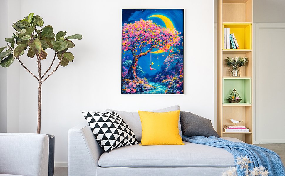 Diamond painting of a whimsical tree with a crescent moon and a person on a swing, displayed in a modern living room setting.