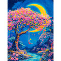 Diamond painting kit of a whimsical moonlit landscape with a person on a swing under a large crescent moon and a tree full of colorful flowers.