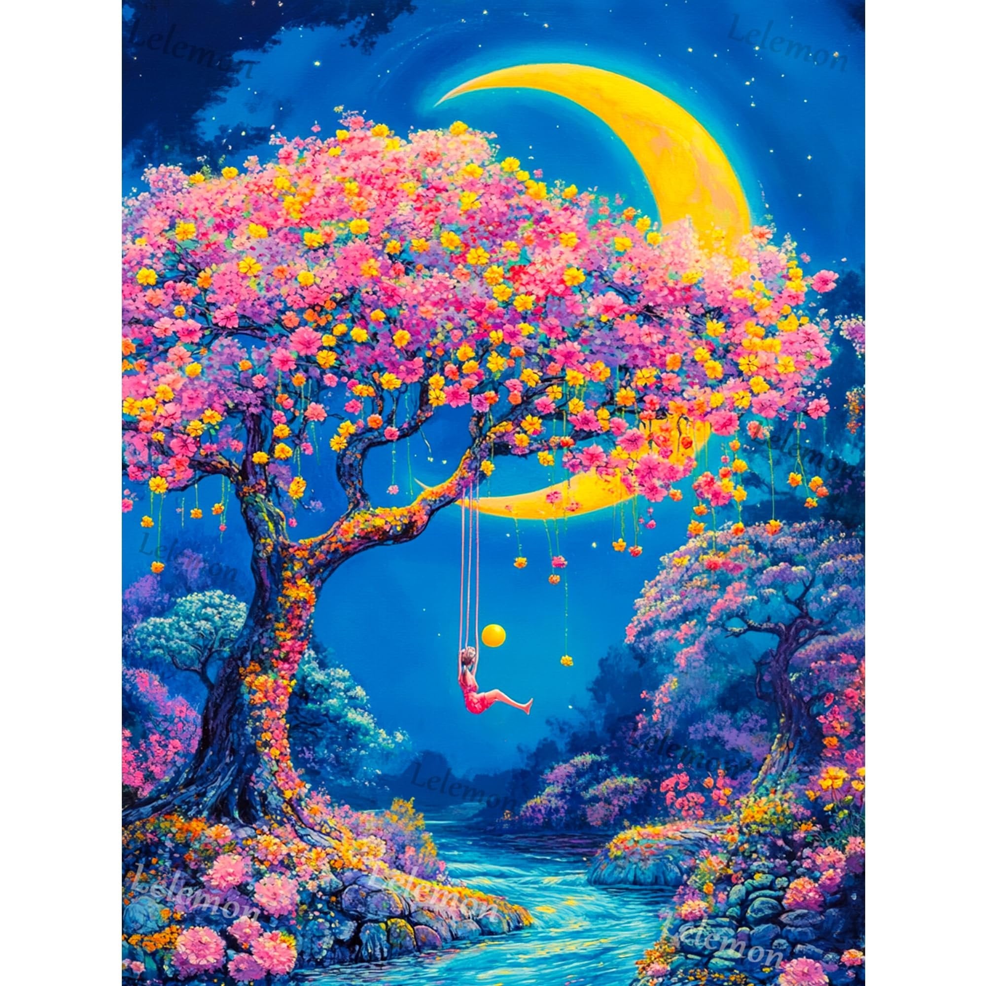 Diamond painting kit of a whimsical moonlit landscape with a person on a swing under a large crescent moon and a tree full of colorful flowers.
