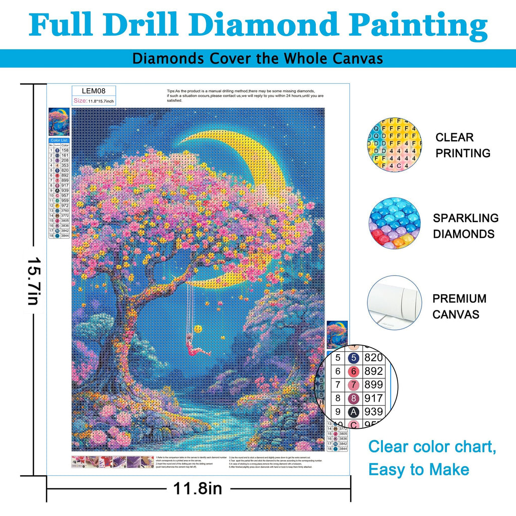 Diamond painting kit showing a moonlit tree scene with a color chart and product feature callouts.