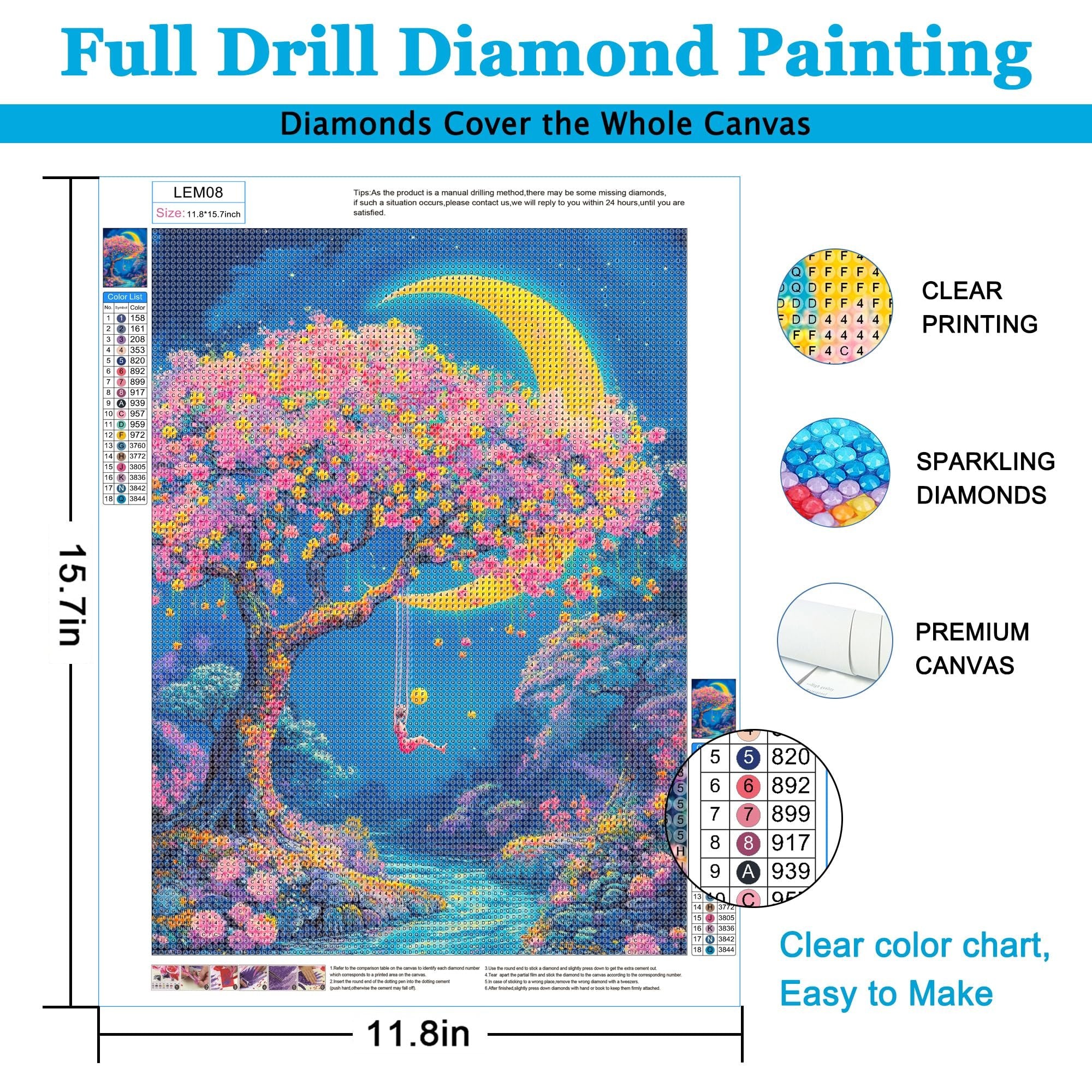 Diamond painting kit showing a moonlit tree scene with a color chart and product feature callouts.