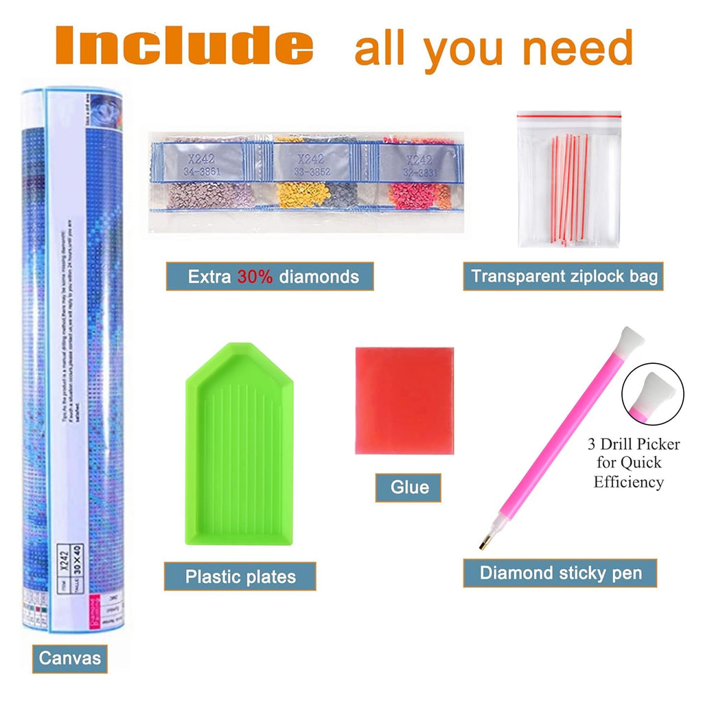 Diamond painting kit contents laid out: canvas roll, diamond bags, pen, glue, trays, and bags.