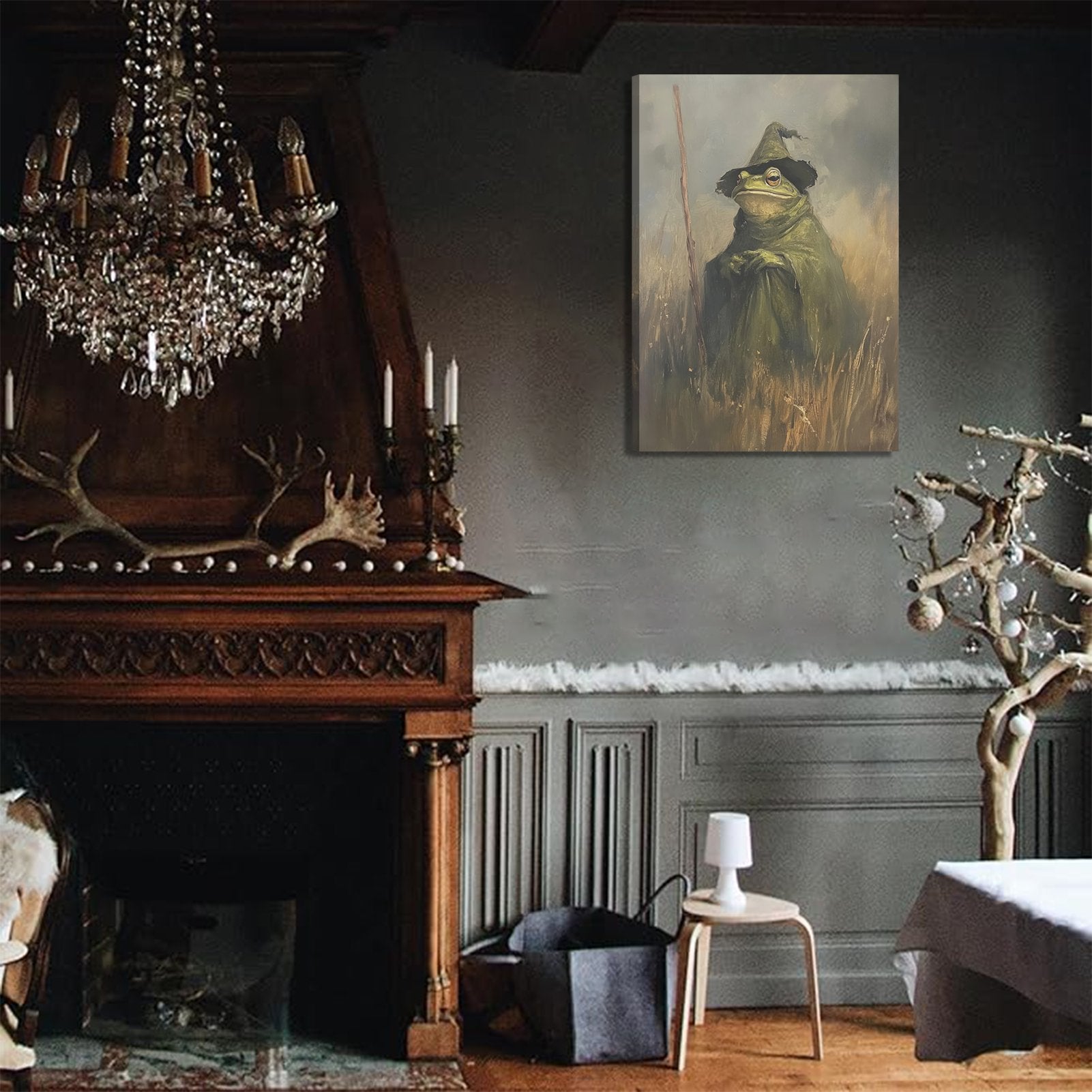 Gothic witch frog art print on wall above fireplace in a dimly lit room with chandelier