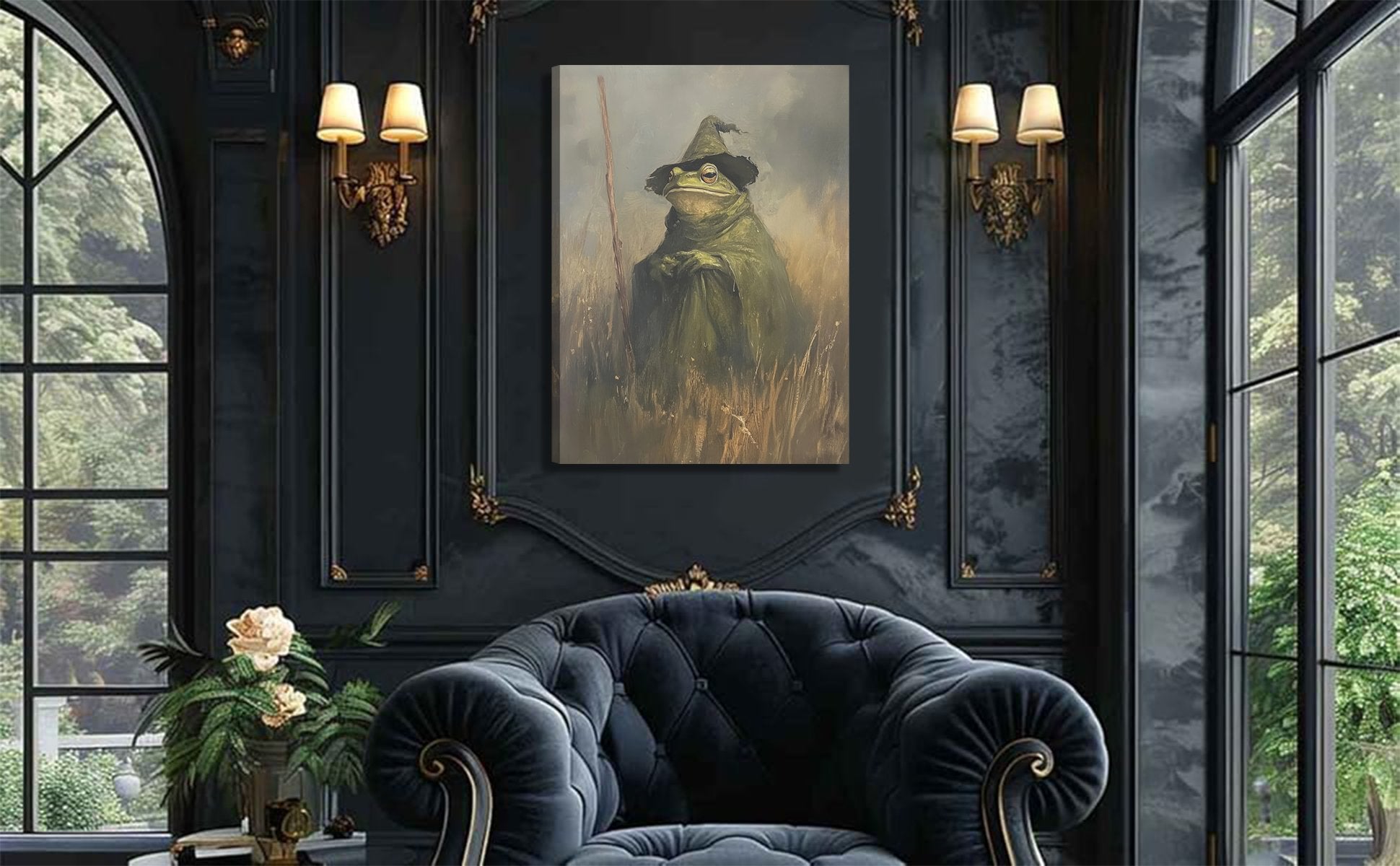 Gothic art print of a frog wearing a witch hat and cloak, holding a stick, in a field of grass.