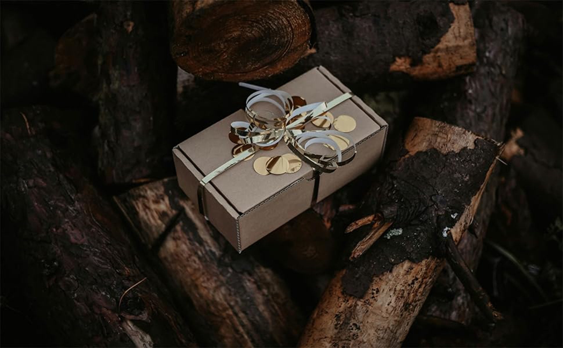 Gift box with gold ribbon and confetti on a dark, rustic background of logs.