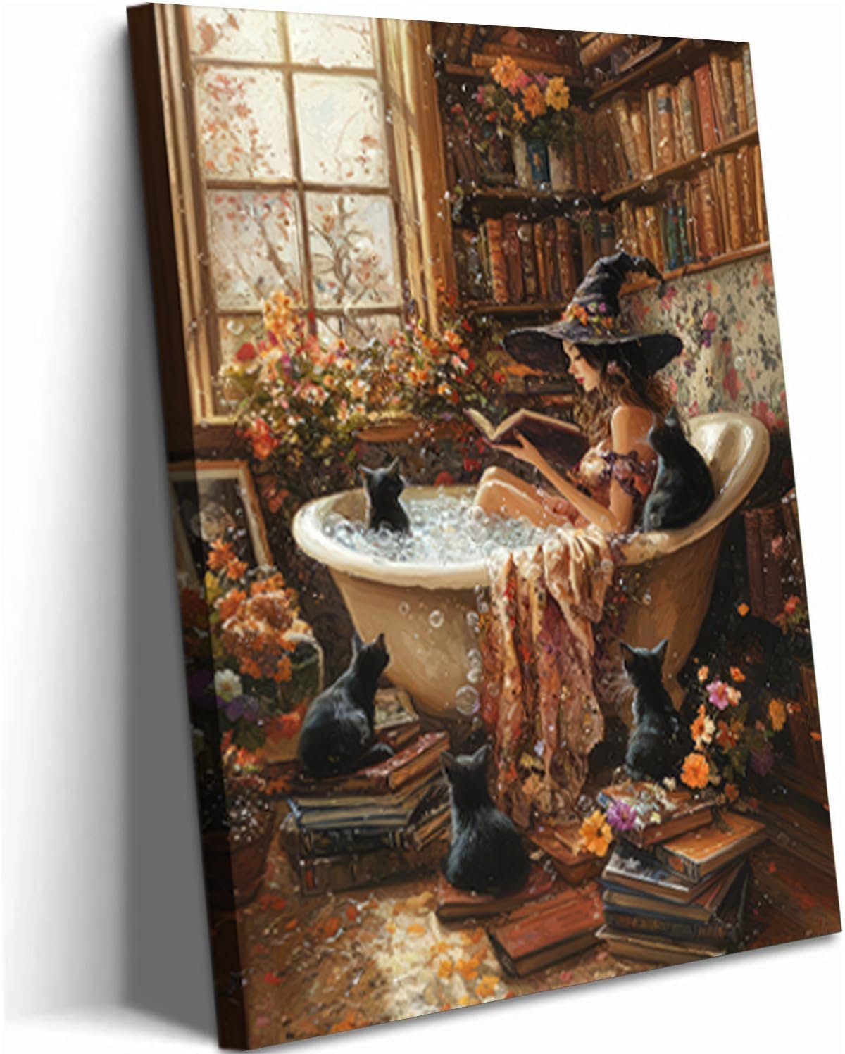 Gothic witch reading in a bathtub surrounded by black cats and books, with a window and flowers.