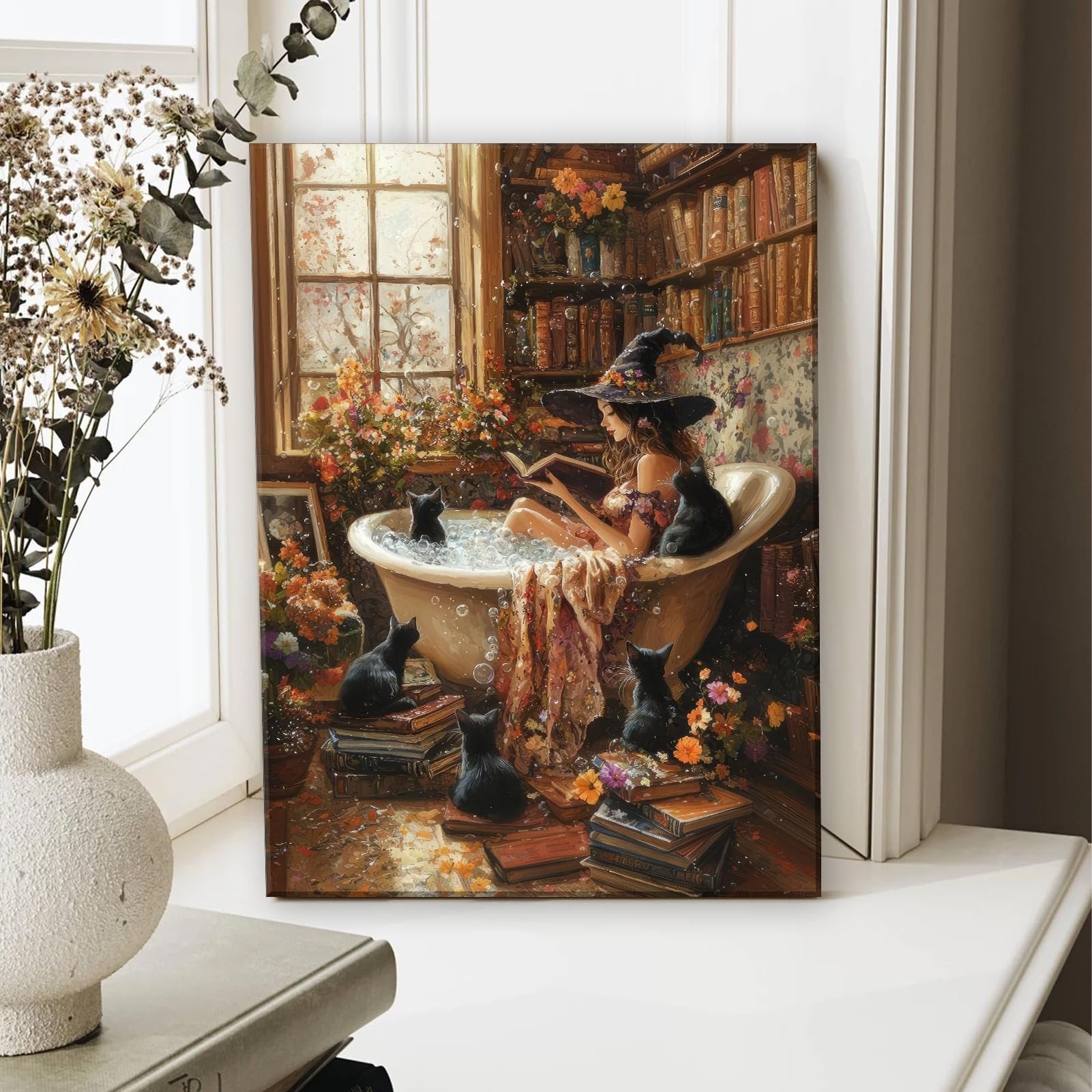 Gothic witch reading in a bathtub surrounded by black cats and books, with a window and floral wallpaper in the background.