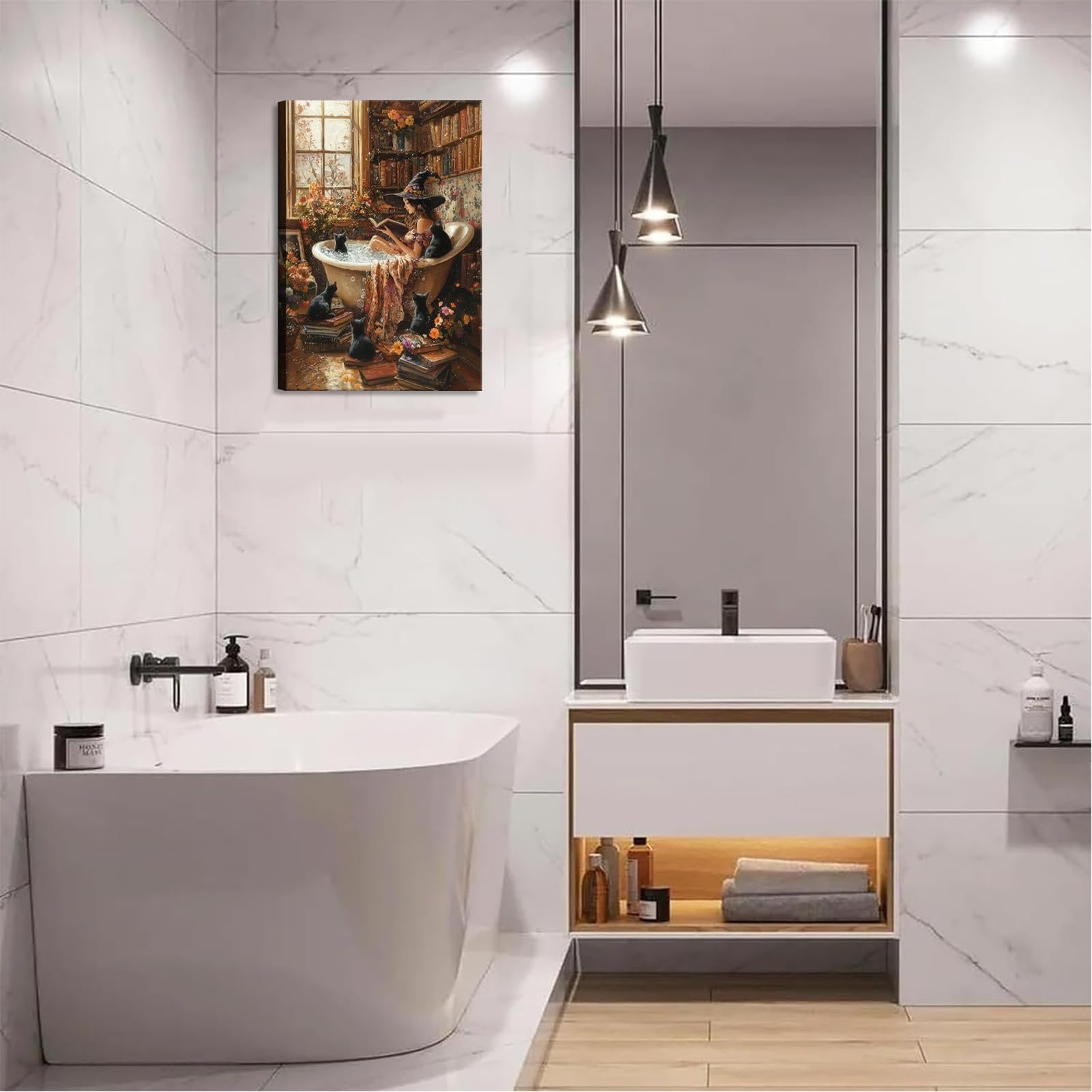 Gothic witch reading in bathtub surrounded by black cats and books, displayed in a modern bathroom.