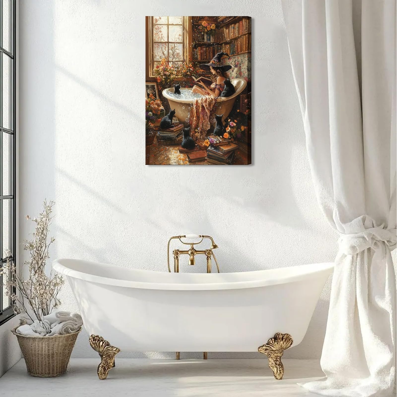 Gothic witch reading in bathtub surrounded by black cats and books, with a bookshelf in the background.