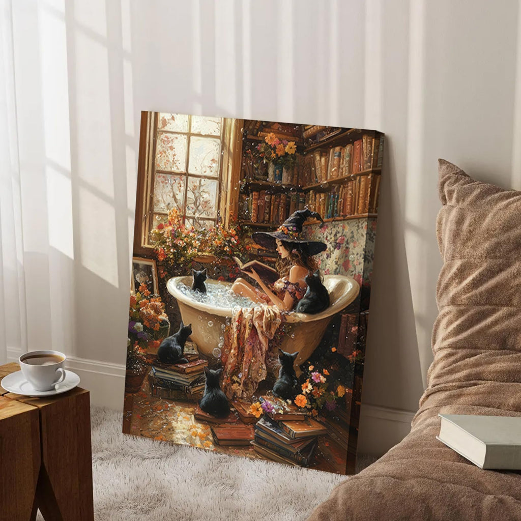 Gothic witch reading in a bathtub surrounded by black cats and books, with a window and flowers in the background.