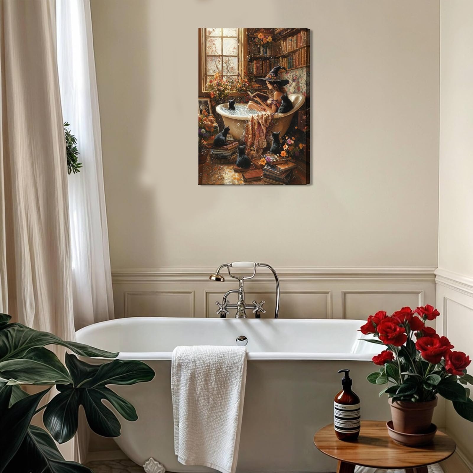 Gothic witch reading in a bathtub surrounded by black cats and books, displayed in a bathroom setting.