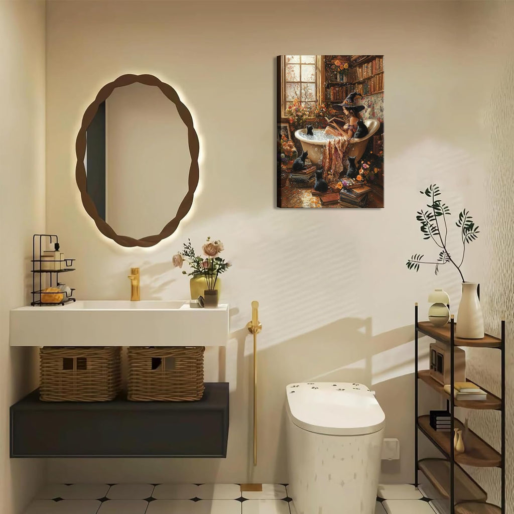 Gothic bathroom decor featuring a canvas print of a witch reading in a bathtub surrounded by black cats and books.