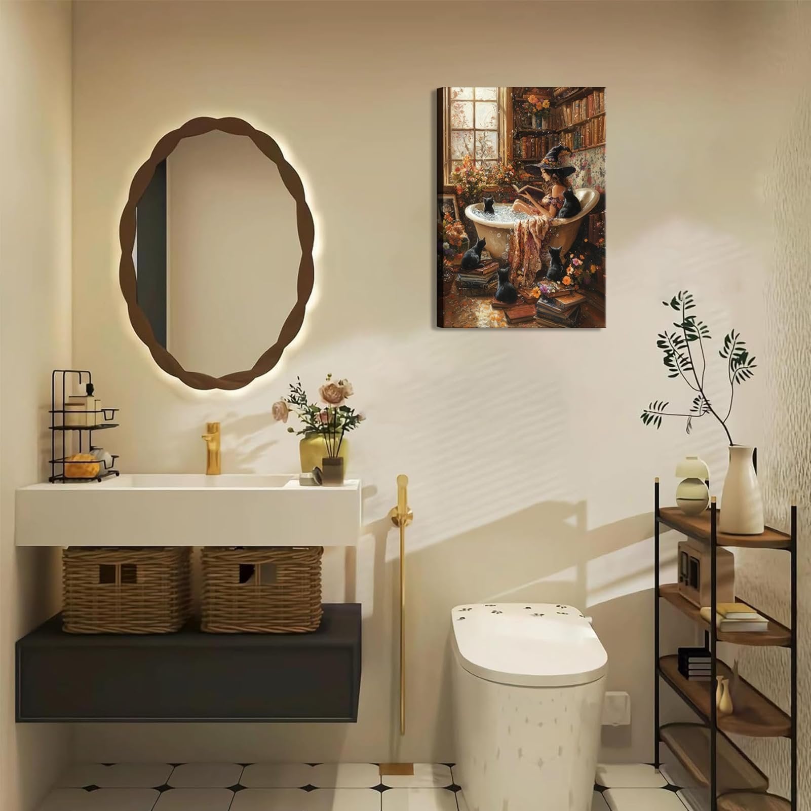 Gothic bathroom decor featuring a canvas print of a witch reading in a bathtub surrounded by black cats and books.