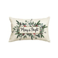 Rectangular throw pillow cover with a Christmas eucalyptus and mistletoe design, featuring the text "Merry & Bright" in a gold-bordered frame.