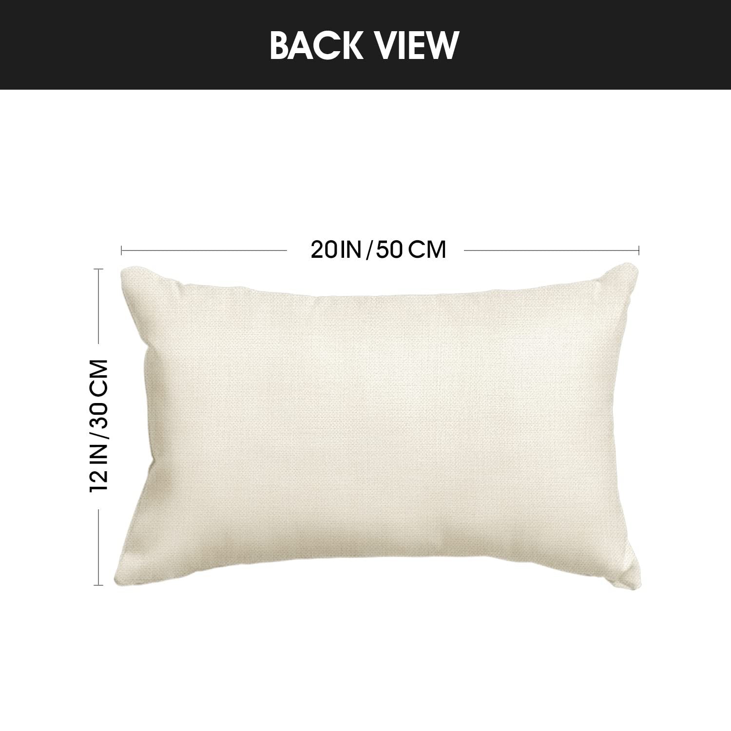 Back view of a cream-colored rectangular throw pillow cover showing dimensions 12 IN / 30 CM and 20 IN / 50 CM.