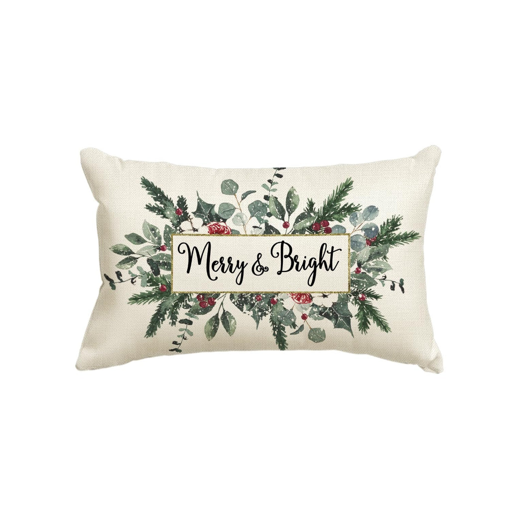 Rectangular throw pillow cover with a Christmas eucalyptus and mistletoe design, featuring the text "Merry & Bright" in a gold-bordered frame.