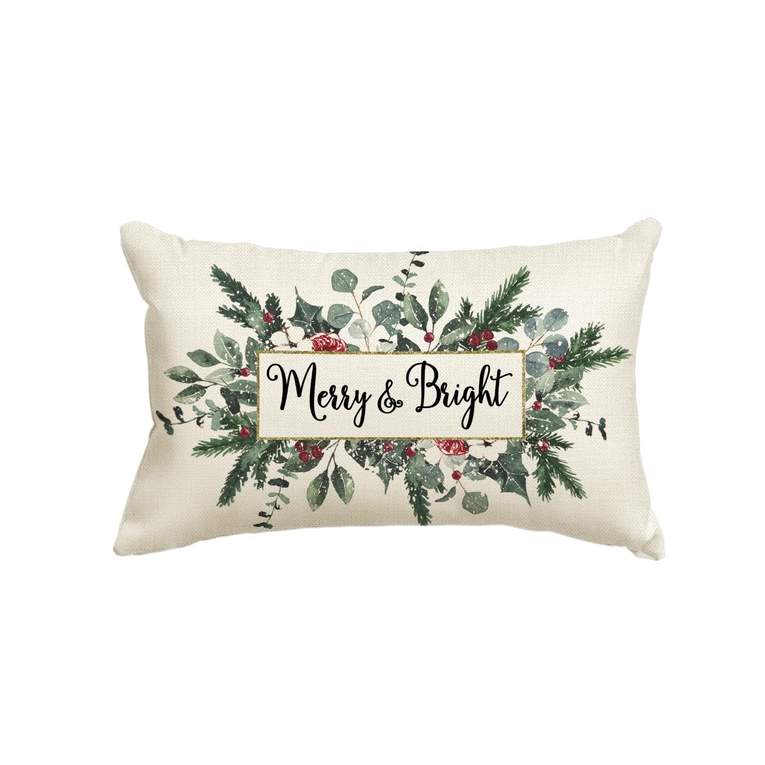 Rectangular throw pillow cover with a Christmas eucalyptus and mistletoe design, featuring the text "Merry & Bright" in a gold-bordered frame.