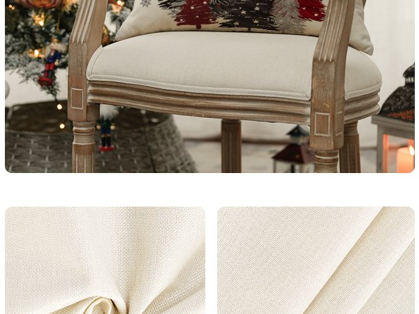 Christmas throw pillow cover with red and black trees and snowflakes on a chair