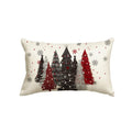 Rectangular Christmas pillow cover with red, black, and silver trees, snowflakes, and stars on a cream background.