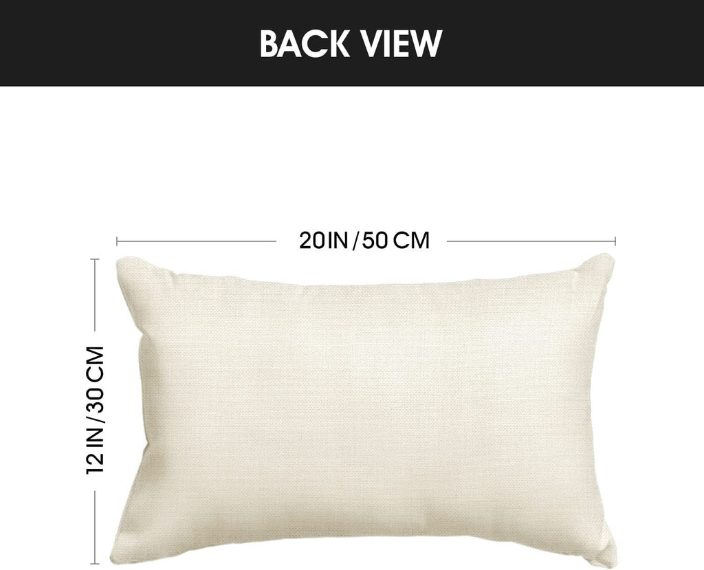 Back view of a cream-colored lumbar pillow showing dimensions 12 IN / 30 CM and 20 IN / 50 CM.