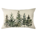 Rectangular pillow cover with a watercolor-style print of five evergreen trees on a beige background.