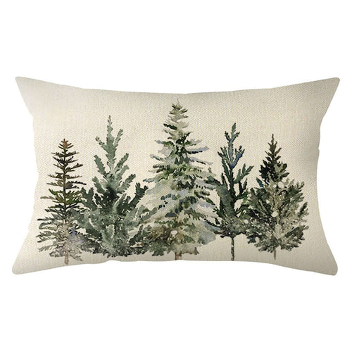 Rectangular pillow cover with a watercolor-style print of five evergreen trees on a beige background.