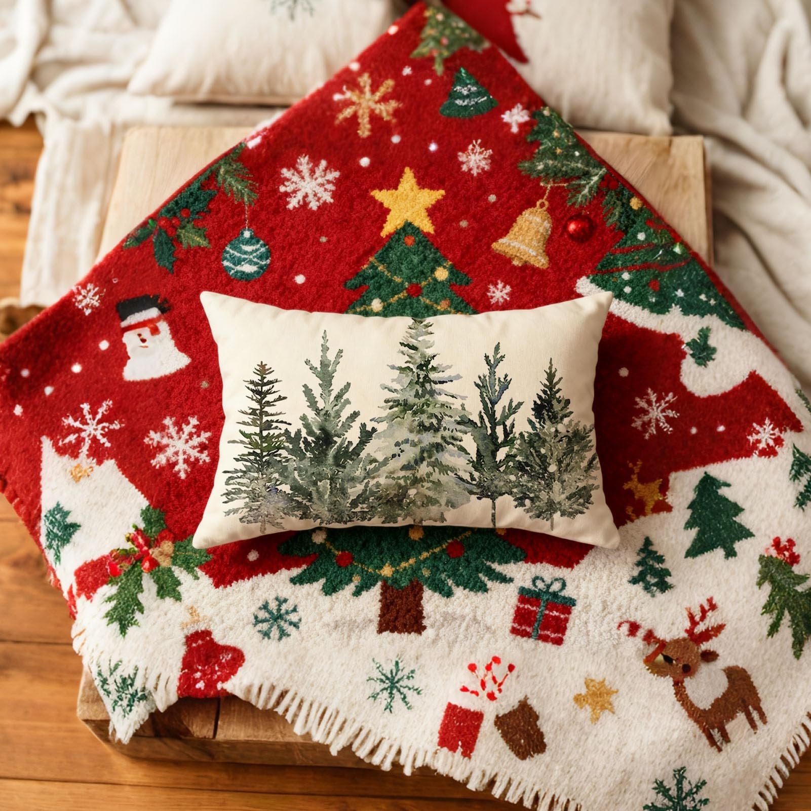 Rectangular Christmas pillow with watercolor trees on a festive throw blanket with snowmen and reindeer.