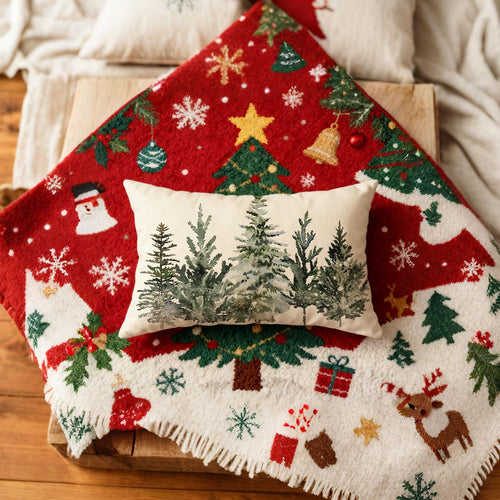 Rectangular Christmas pillow with watercolor trees on a festive throw blanket with snowmen and reindeer.