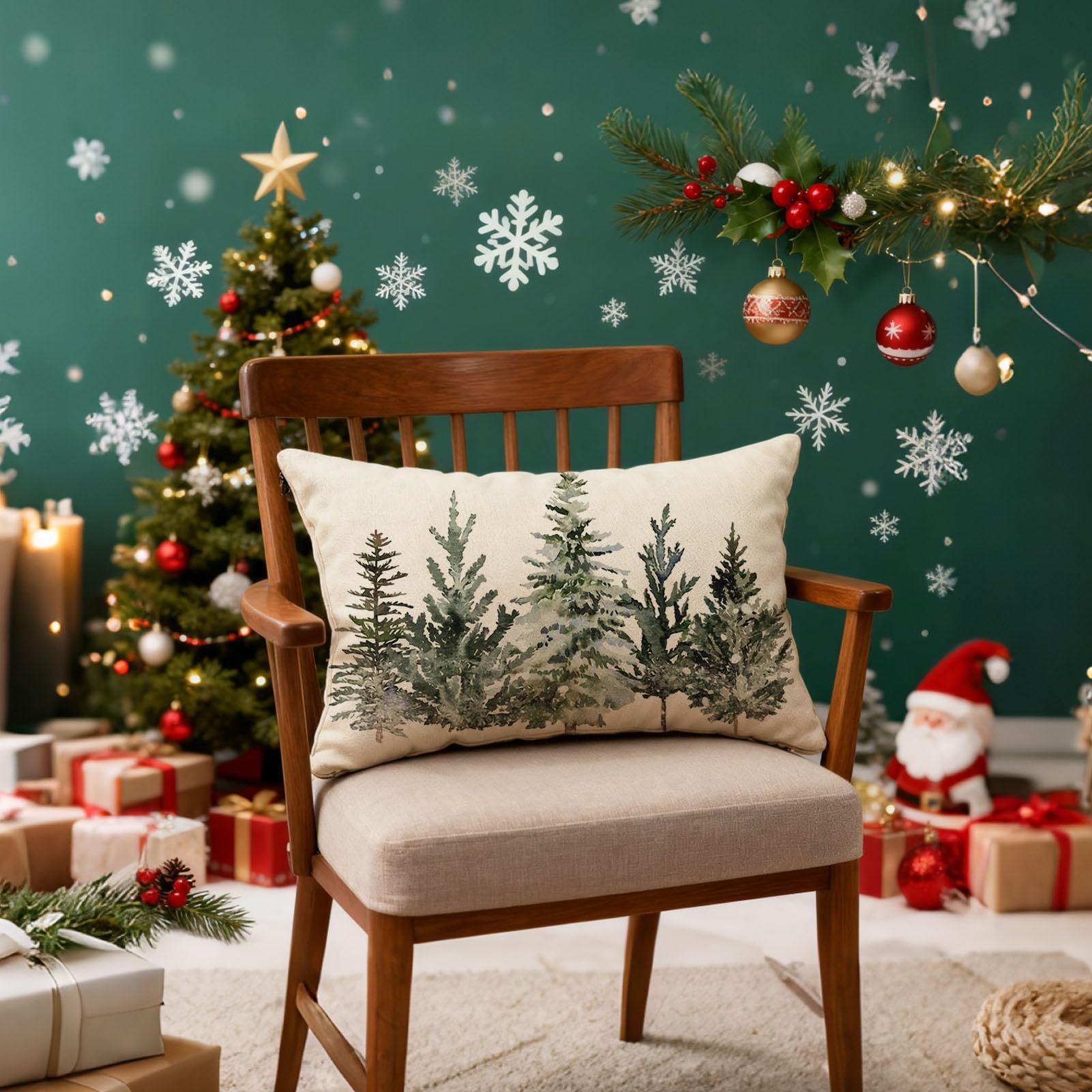Rectangular lumbar pillow with a watercolor forest tree print, placed on a chair in a festive Christmas setting with a decorated tree and gifts.