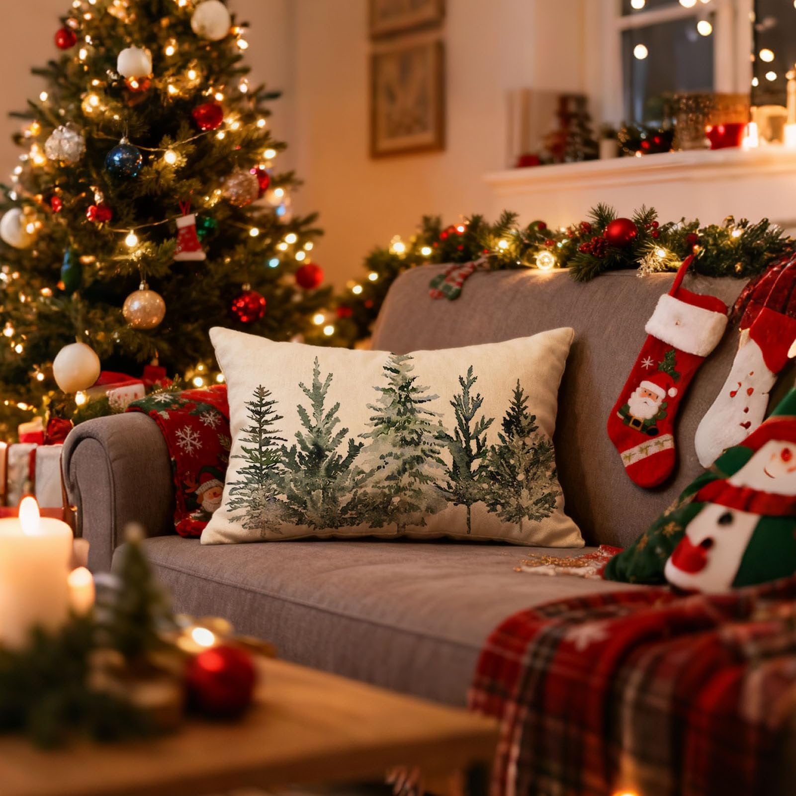 Christmas pillow cover with pine trees on a sofa next to a decorated tree and stockings