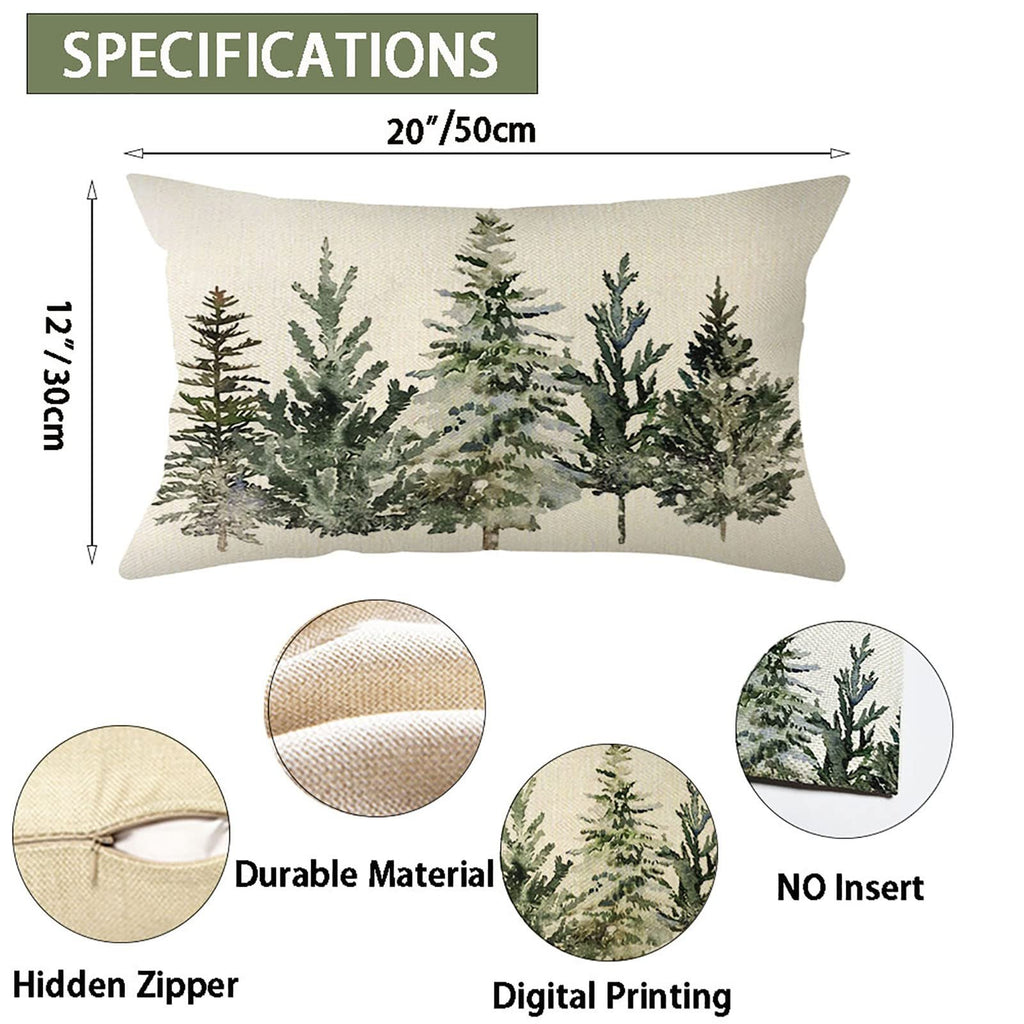 Rectangular pillow cover with watercolor pine trees print, showing dimensions and details like zipper and material.
