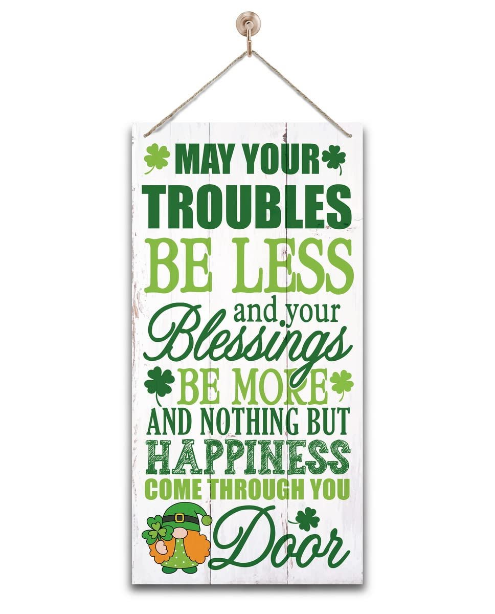 Hanging wooden sign with Saint Patrick's Day Irish prayer and gnome graphic.