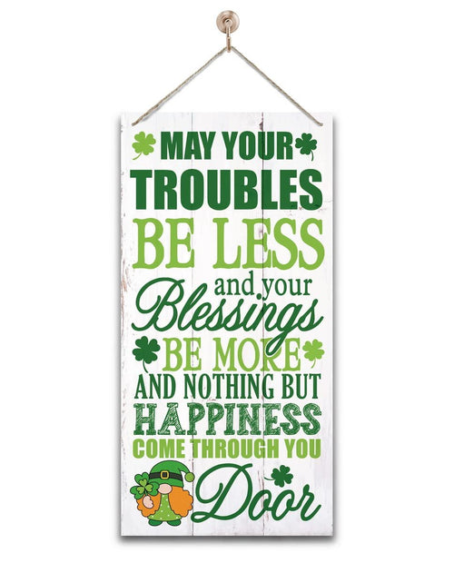 Hanging wooden sign with Saint Patrick's Day Irish prayer and gnome graphic.